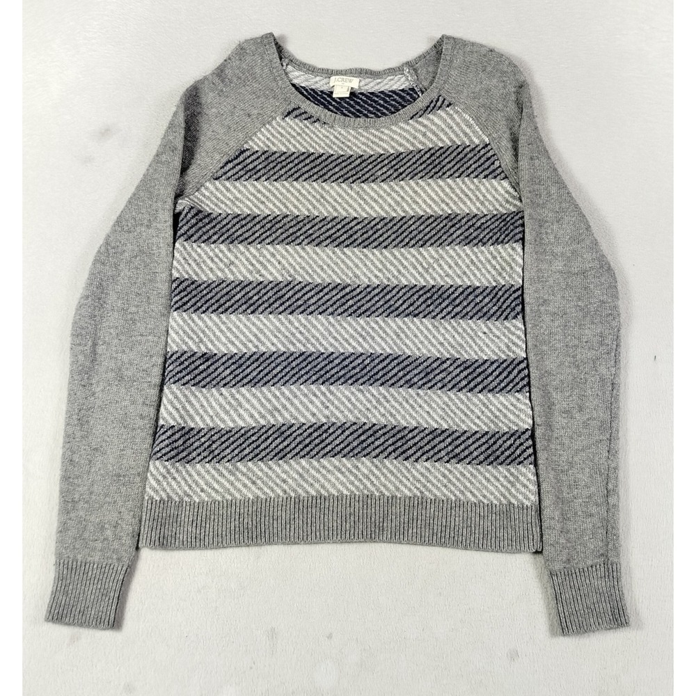J.Crew Sweater Womens Small Gray Striped Raglan Merino Wool Blend Knit Crewneck